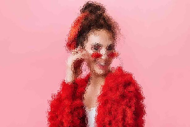 Woman with a topknot wearing a red jacket and red-framed glasses, making a playful expression, against a pink background.