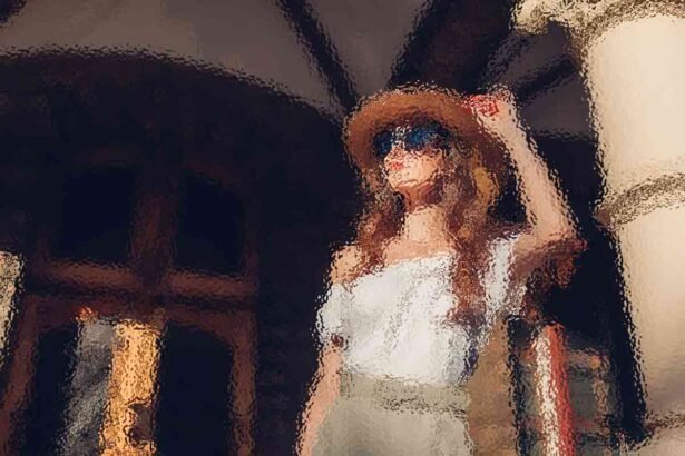 Impressionistic digital painting of a woman in a white dress and a straw hat, standing in an archway.