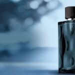Sleek bottle of cologne on blue background exuding sophistication and elegance.