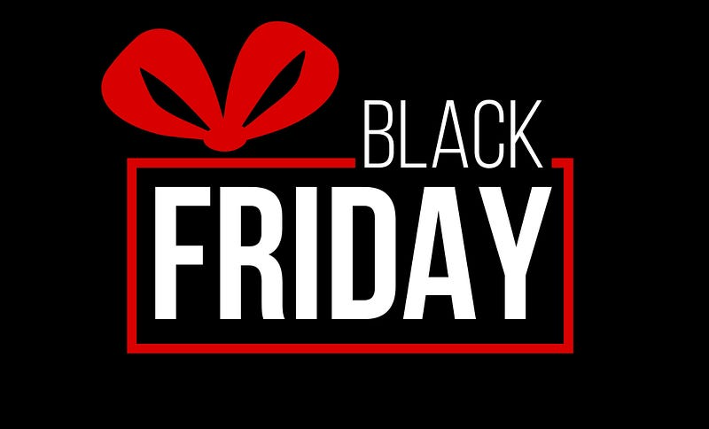 Black Friday promotional graphic with bold white text on a black background, featuring a red ribbon shape above the text.