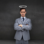 Grey suit man with halo conveys authority and virtue against dark backdrop.