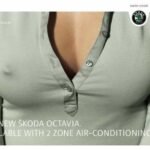 Green shirt close-up ad: ŠKODA Octavia, 2 zone air-conditioning feature.