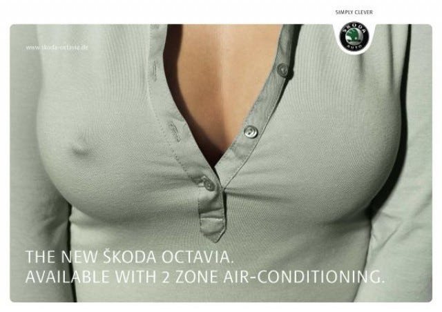 Green shirt close-up ad: ŠKODA Octavia, 2 zone air-conditioning feature.