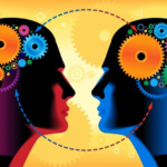 Colorful profiles with gears symbolizing intellectual exchange and connection on vibrant orange background.