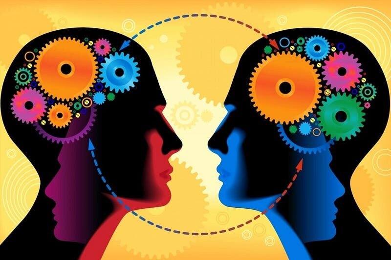 Colorful profiles with gears symbolizing intellectual exchange and connection on vibrant orange background.