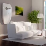 Modern living room with solar panels, energy storage system, and minimalist design for sustainable living.