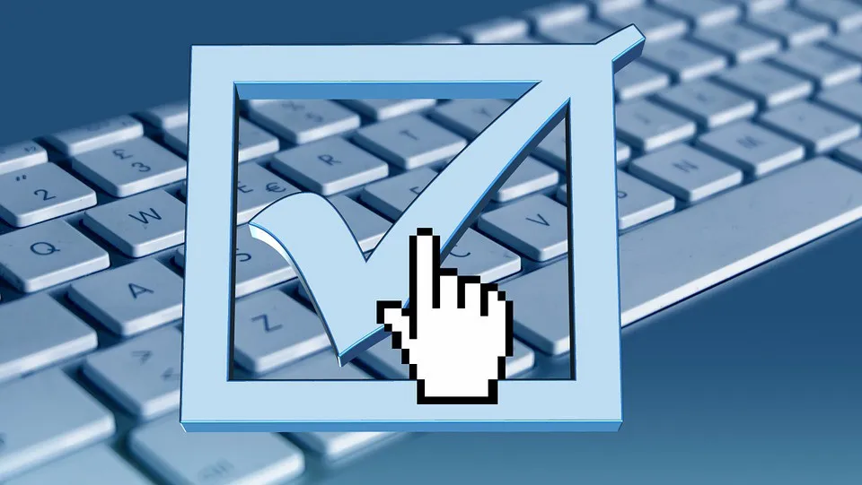 A stylised graphic of a hand cursor clicking on a checkmark icon that overlaps with a computer keyboard in the background.