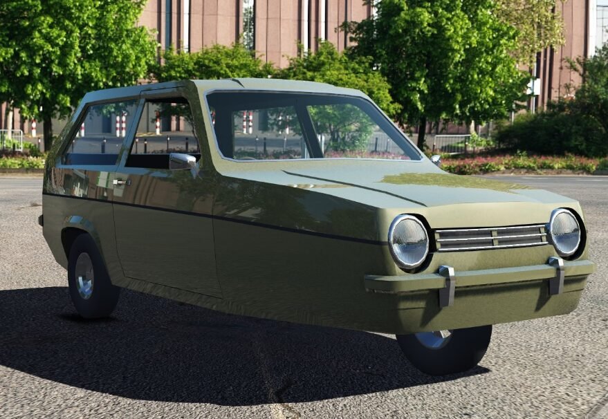 A green vintage car parked on a street with trees and a building in the background.