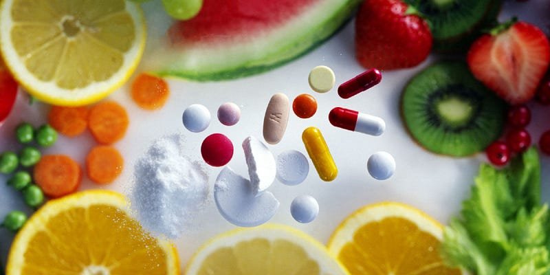 Fresh fruits vs pharmaceutical pills: a vivid health choice on a white surface.