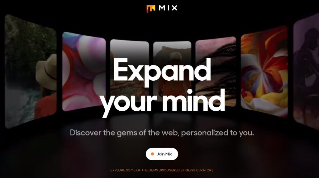 A promotional banner for 'Mix' featuring the slogan 'Expand your mind' in large white letters, with a background of various images representing different content types, and a call to action button that reads 'Join Mix'. Below is a subtitle stating 'Discover the gems of the web, personalized to you.' with a footer text 'Explore some of the gems discovered by 88,991 curators'.