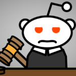 Snoo as judge with gavel at desk, featuring orangered eyes and serious expression.