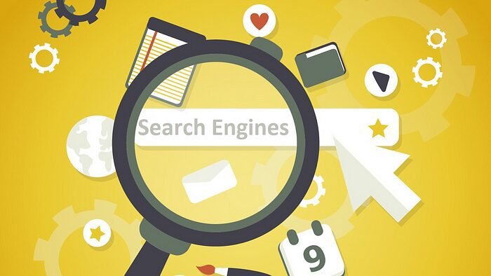 Search Engines: Online Search Illustration with Magnifying Glass & Internet Icons.