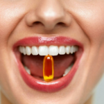 Smiling person with golden capsule between teeth, promoting beauty and wellness.