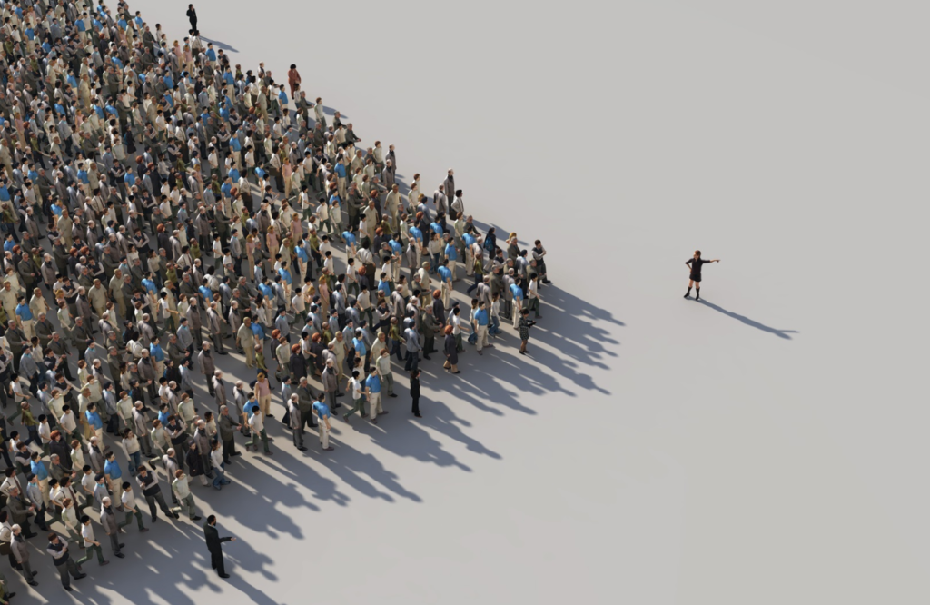 A large crowd of 3D-rendered people standing in lines with a clear pathway in the middle, leading toward one person standing at the front with open arms.