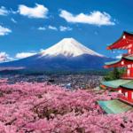 Mount Fuji: Cherry Blossoms and Red Pagoda in Japanese Springtime