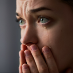 Distressed woman with tear-filled eyes and hands covering mouth in emotional turmoil.