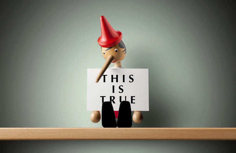 Whimsical Pinocchio Holding THIS IS TRUE Sign on Wooden Shelf