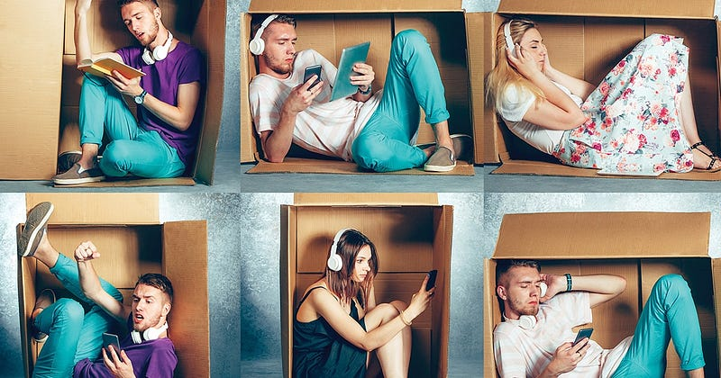 Six individual panels arranged in a 2x3 grid depicting different people sitting inside cardboard boxes engaging in various activities such as reading, listening to music with headphones, using a tablet, and looking at phones. Each person exhibits a different pose and expression, suggesting a range of emotions and states of focus.