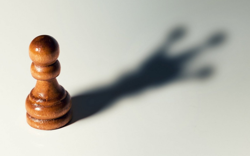 A wooden chess pawn casting a long shadow that resembles a king on a light surface.