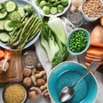 Fresh vegetable and grain showcase for a healthy plant-based diet.