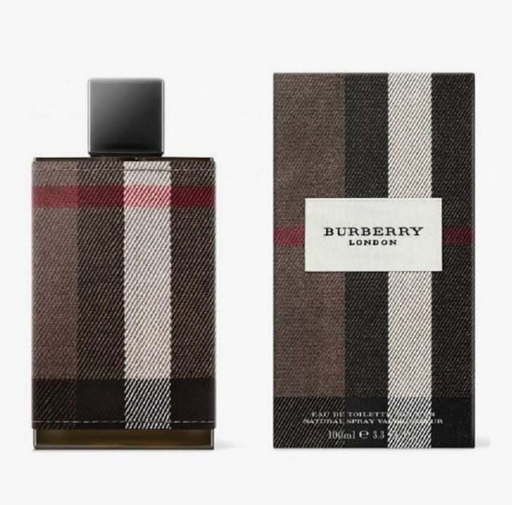 A Burberry cologne bottle and its packaging box with a signature check pattern in shades of black, white, red, and tan. The box features the logo "Burberry London" on a white label.