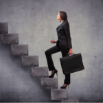 Businesswoman climbing floating stone stairs in dramatic setting for success.