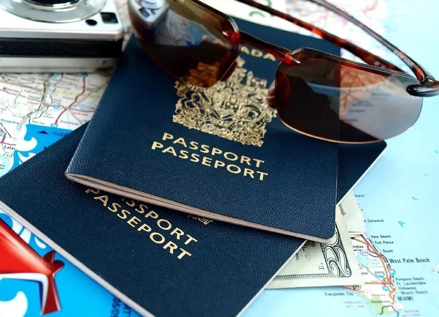 Essential travel items: passports, map, sunglasses, camera.