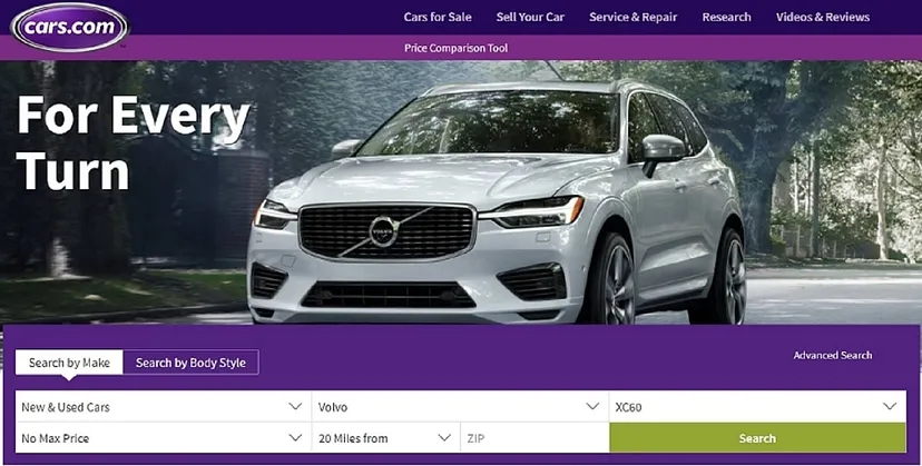 Alt text: Screenshot of the cars.com homepage featuring the tagline "For Every Turn" with a Volvo SUV on display and search options including 'Search by Make', 'Search by Body Style', and filters for new & used cars, model selection, price, and distance.