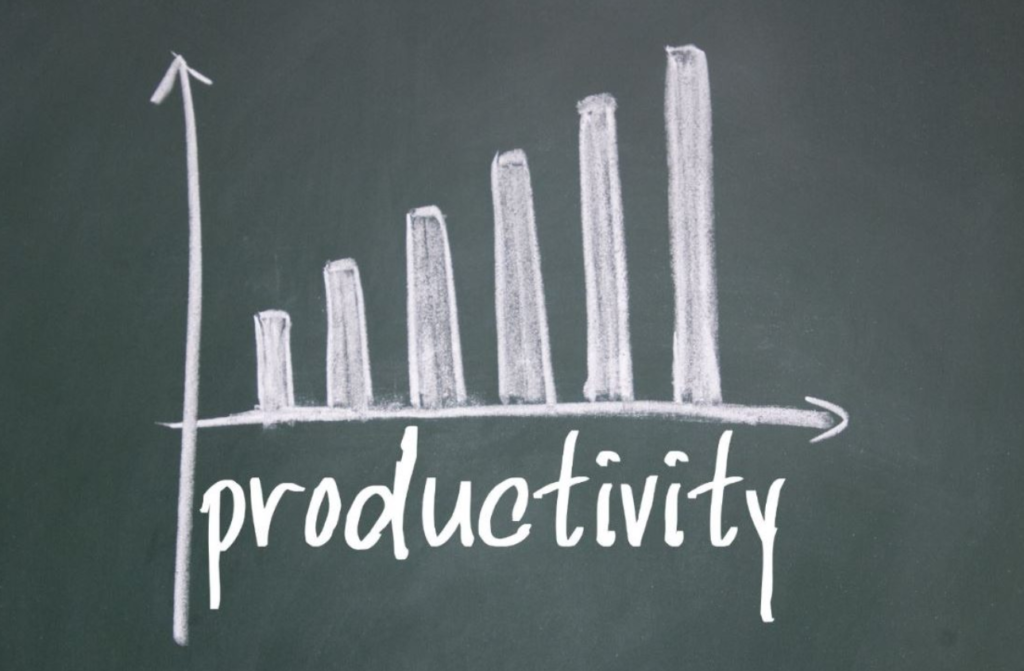 Bar graph drawn with chalk on a blackboard showing increasing bars, with the word "productivity" written along the horizontal axis.