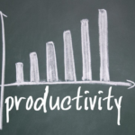 Increasing Productivity Trend: Chalkboard Bar Graph with Creative Cursive Word Emphasis