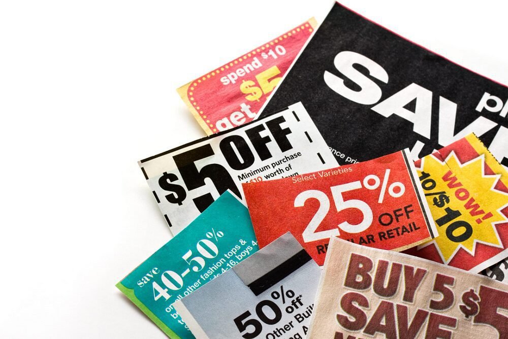 Colorful discount coupons showcasing enticing savings offers on white background.