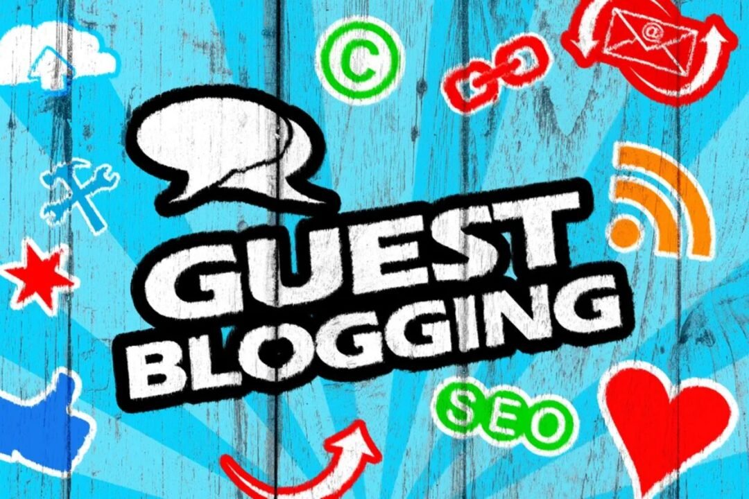 A colorful graphic with the words "Guest Blogging" in bold black letters at the center surrounded by various web and social media icons such as a speech bubble, email envelope, RSS feed symbol, heart, and SEO, all against a blue wooden plank background.