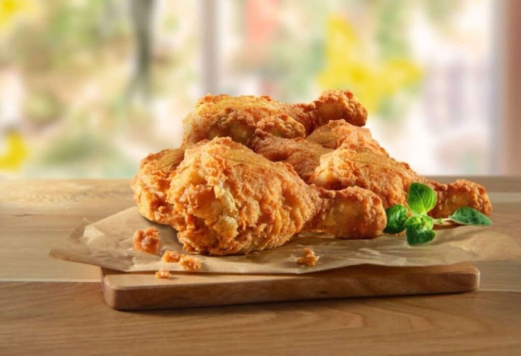 Crispy fried chicken pieces on a wooden cutting board with some green leaves for garnish, set against a softly blurred background.