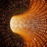 Fiery binary code tunnel representing digital data flow and technology.