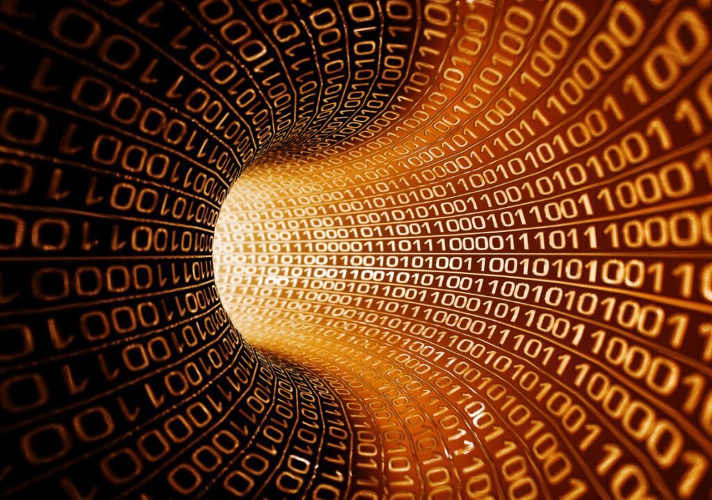 Fiery binary code tunnel representing digital data flow and technology.