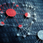 Interconnected nodes in digital network with binary code, showcasing technology and connectivity.