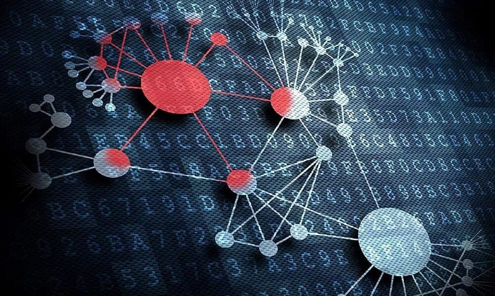 Interconnected nodes in digital network with binary code, showcasing technology and connectivity.