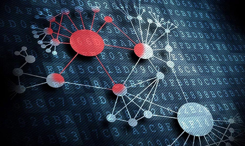 Alt text: Abstract digital image depicting a network of nodes connected by lines, with three prominent nodes in red, white, and blue against a dark background filled with binary code.