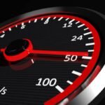 Modern gauge displaying internet speed at 50 MB/s for high-contrast reading.