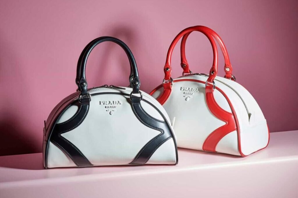 Two Prada handbags on a pink surface against a pink background; one white with black and gray accents, and the other white with red accents. Both have the Prada logo.
