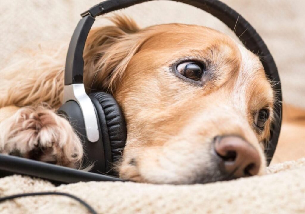 Golden retriever dog lying down wearing black headphones, looking relaxed and contemplative.