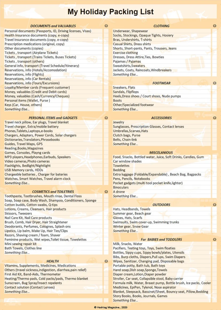 An organized packing list titled "My Holiday Packing List," segmented into categories such as Documents and Valuables, Clothing, Footwear, Personal Items and Gadgets, Accessories, Cosmetics and Toiletries, Health, Miscellaneous, Outdoors, and items for Babies and Toddlers. Each category includes a detailed list of items to pack for a trip.