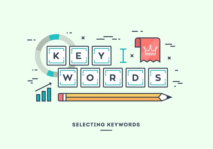 Unlock SEO Success: Keywords, Magnifying Glass, Graph, Pencil, Crown Bookmark Icon.