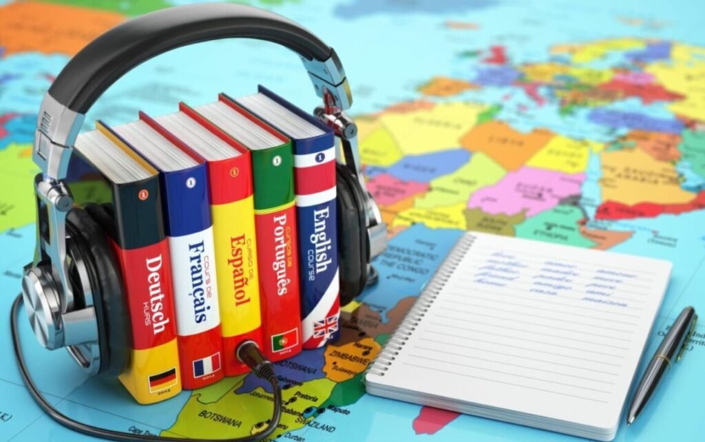 Stack of language learning books in Deutsch, Français, Español, Português, and English with headphones on top, set on a world map with a notepad and pen beside them.