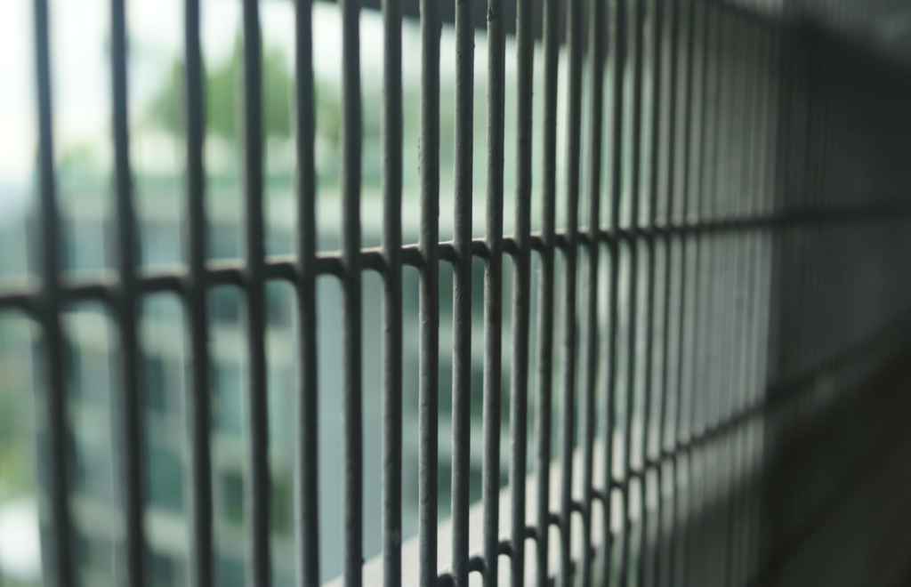 Close-up of a metal grate with a blurred background of greenery and buildings.