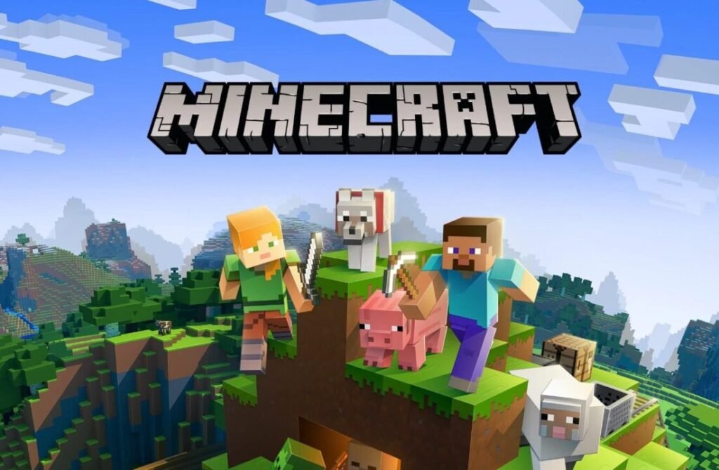 Alt text: Promotional image for the video game Minecraft, featuring two blocky characters and various Minecraft animals set against a pixelated landscape with the game's logo above.