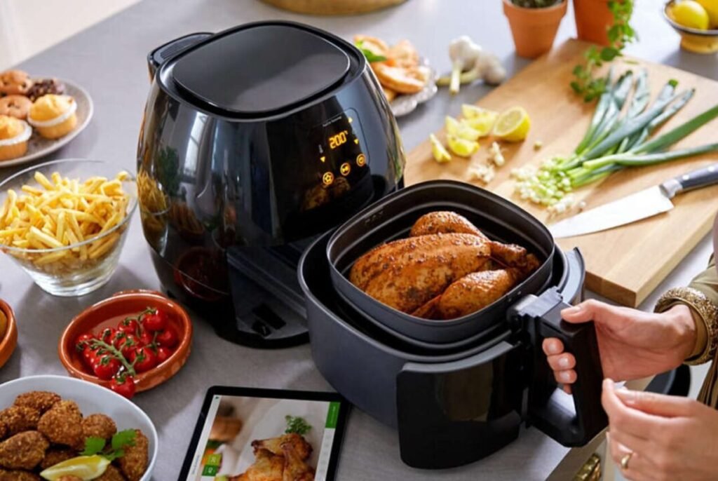 A person removing a tray with roasted chicken from an air fryer in a kitchen filled with various dishes like fries, tomatoes, and a cutting board with veggies and lemons.