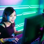Immersive gaming experience with smiling woman in vibrant neon setup.