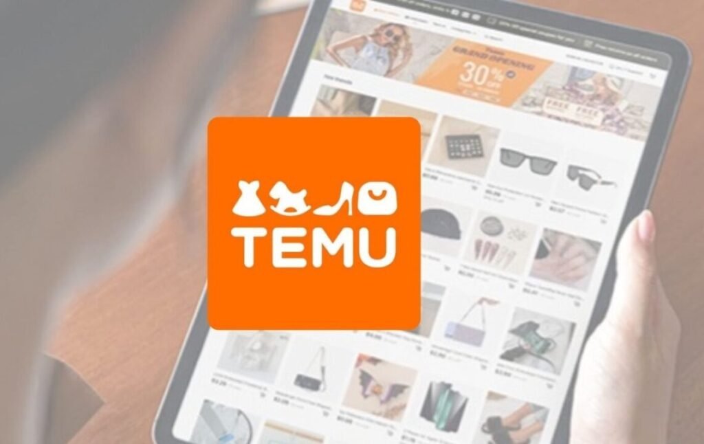 Person viewing the Temu online shopping platform on a laptop screen, with a prominent Temu logo overlaid.