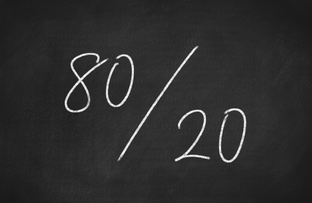 "Chalkboard with the '80/20' rule written in white chalk, indicating the Pareto Principle."